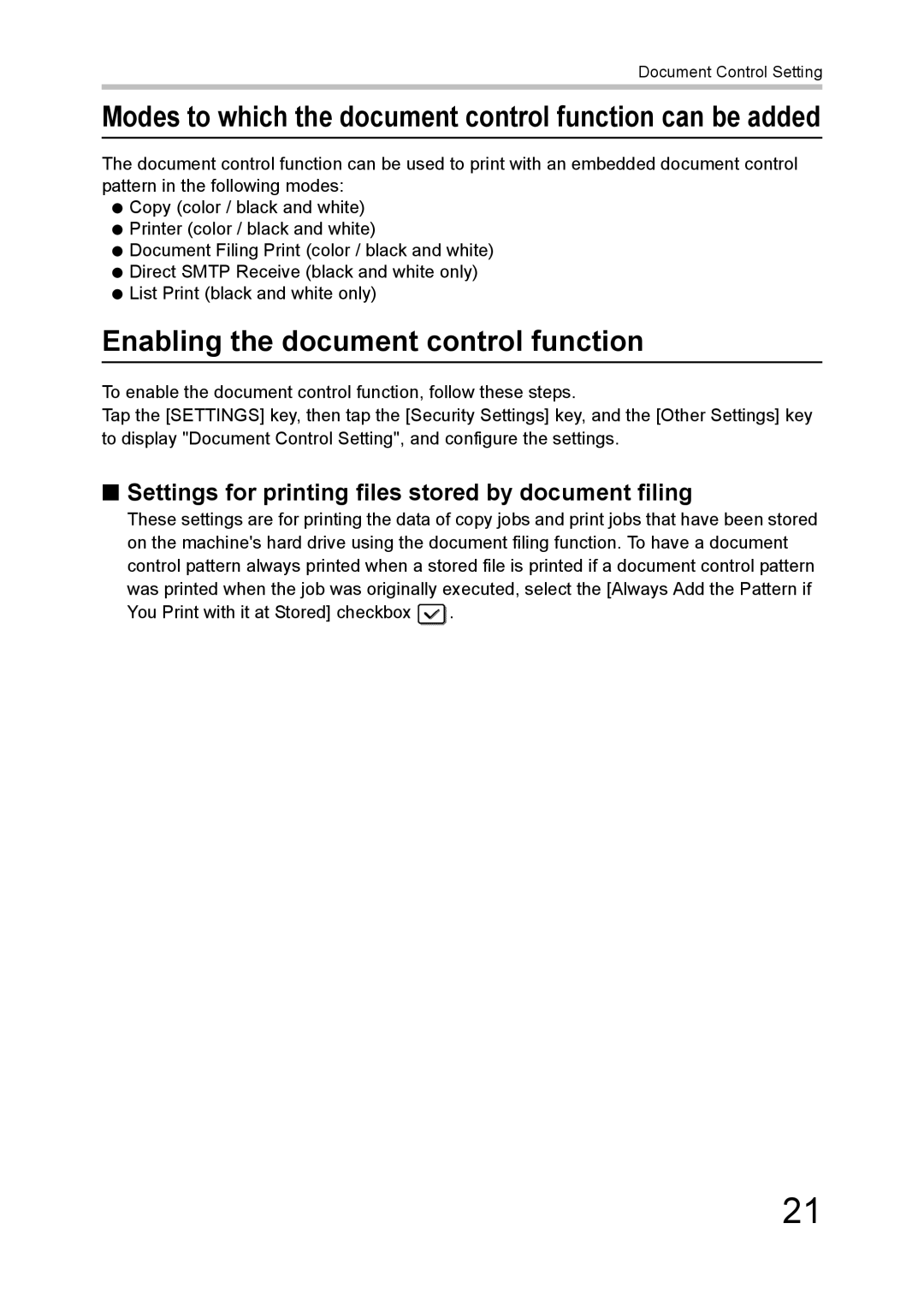 Sharp MX-FR43U manual Modes to which the document control function can be added, Enabling the document control function 