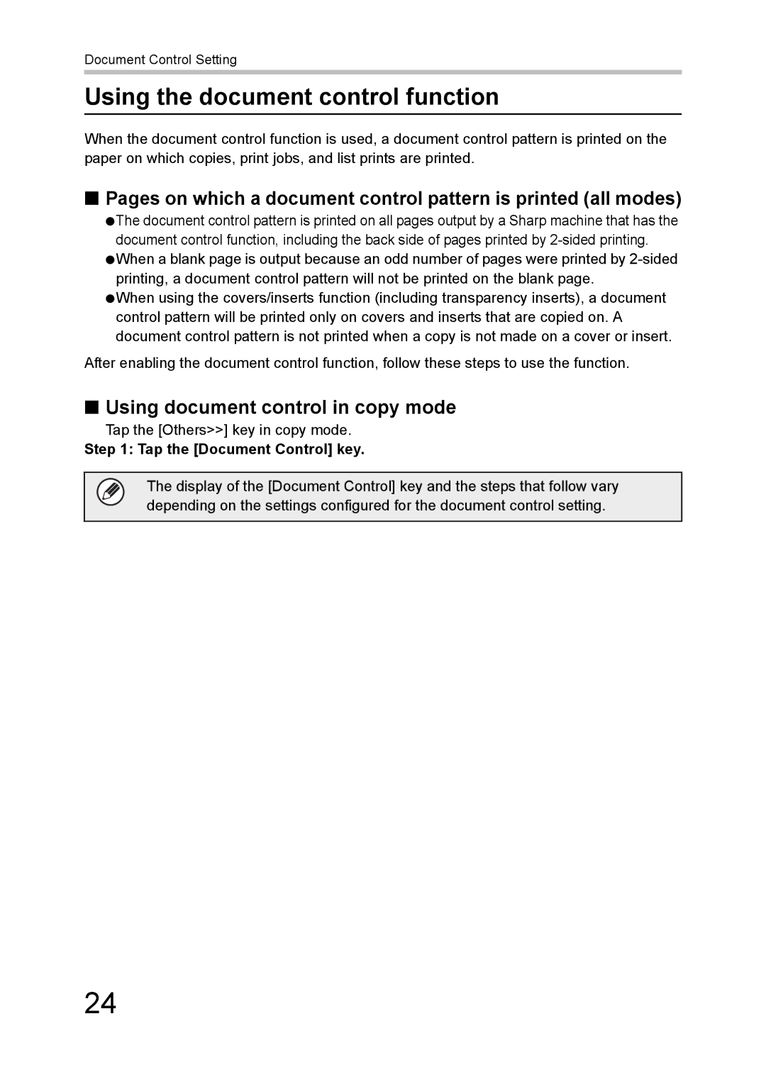 Sharp MX-FR43U Using the document control function, Using document control in copy mode, Tap the Document Control key 