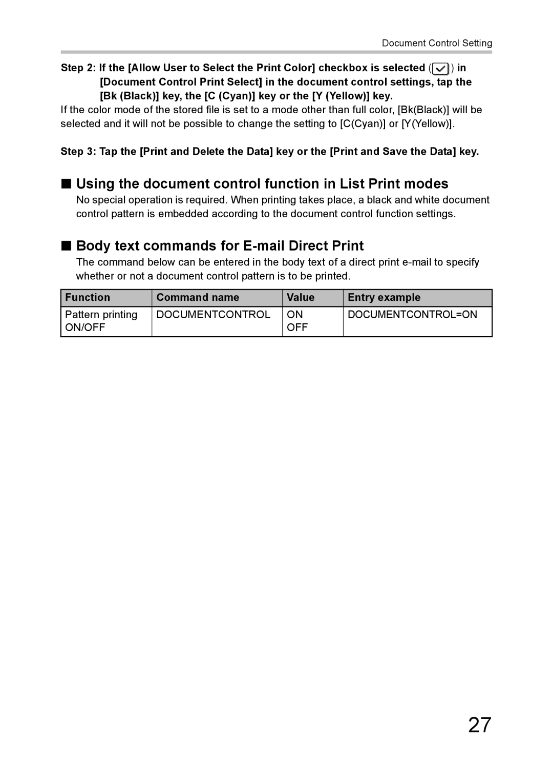 Sharp MX-FR43U manual Using the document control function in List Print modes, Body text commands for E-mail Direct Print 