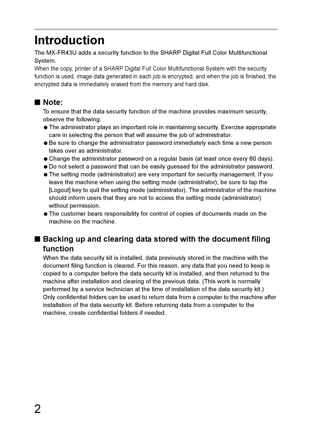 Sharp MX-FR43U manual Introduction 