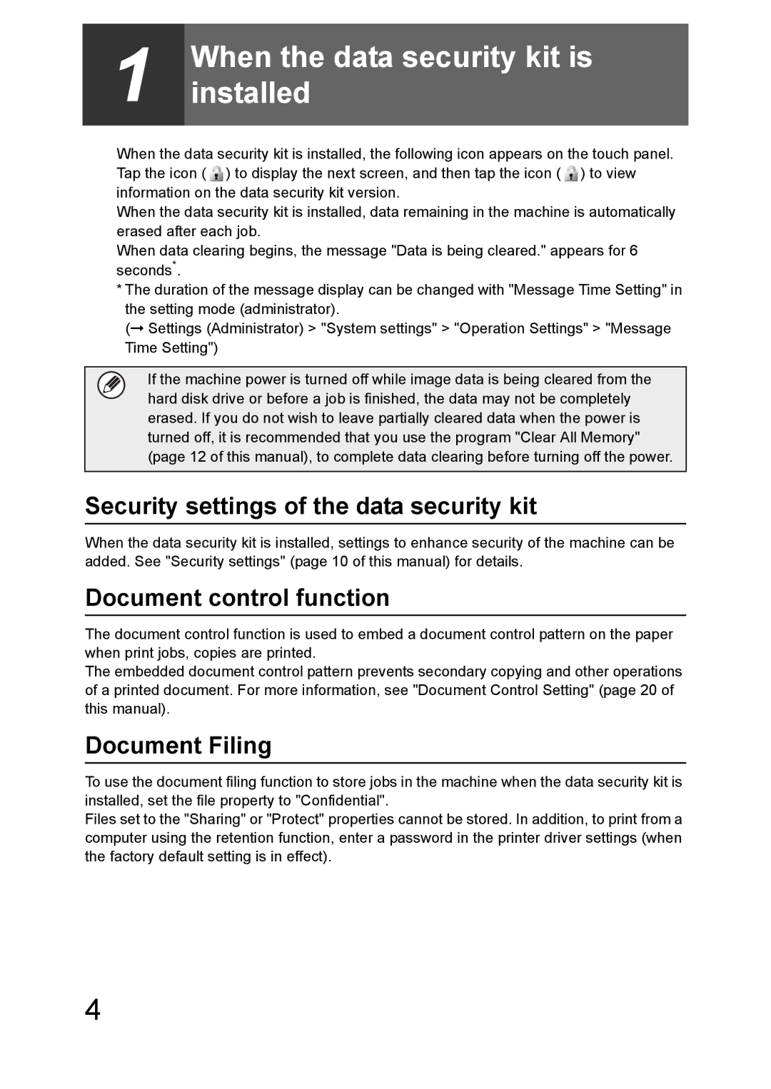 Sharp MX-FR43U manual Security settings of the data security kit, Document control function, Document Filing 