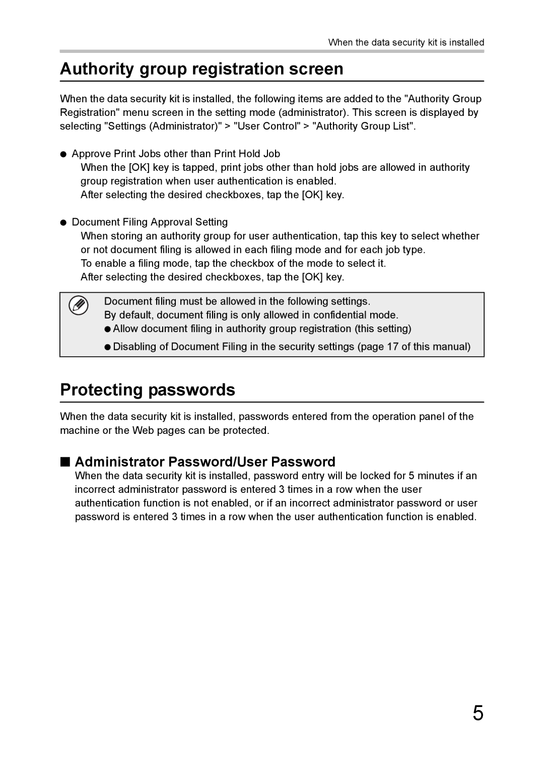 Sharp MX-FR43U manual Authority group registration screen, Protecting passwords, Administrator Password/User Password 