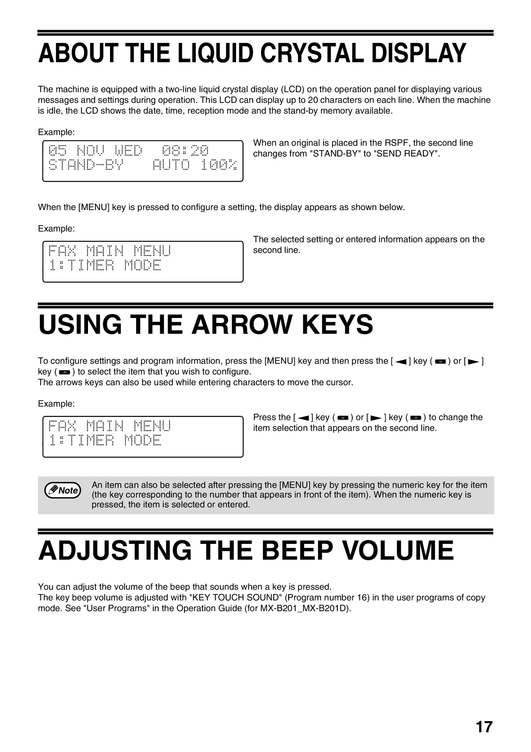 Sharp MX-FX12 manual Using the Arrow Keys, Adjusting the Beep Volume 