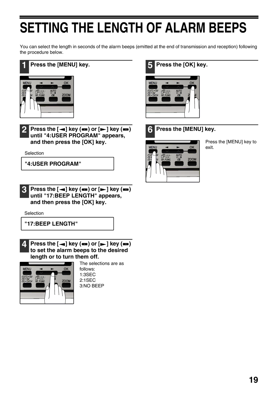 Sharp MX-FX12 manual Setting the Length of Alarm Beeps, 17BEEP Length 