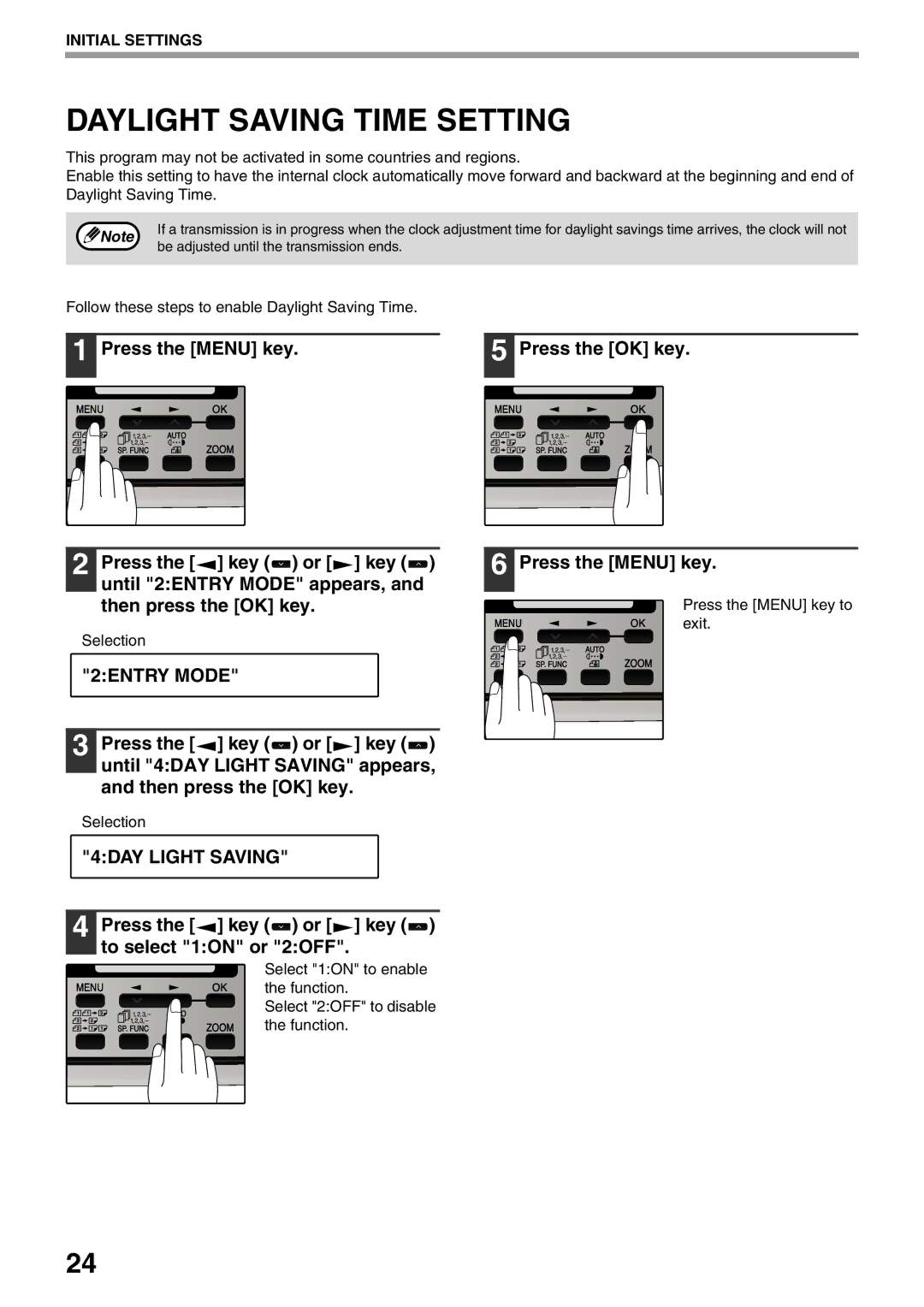 Sharp MX-FX12 manual Daylight Saving Time Setting, 4DAY Light Saving, Press the key or key to select 1ON or 2OFF 