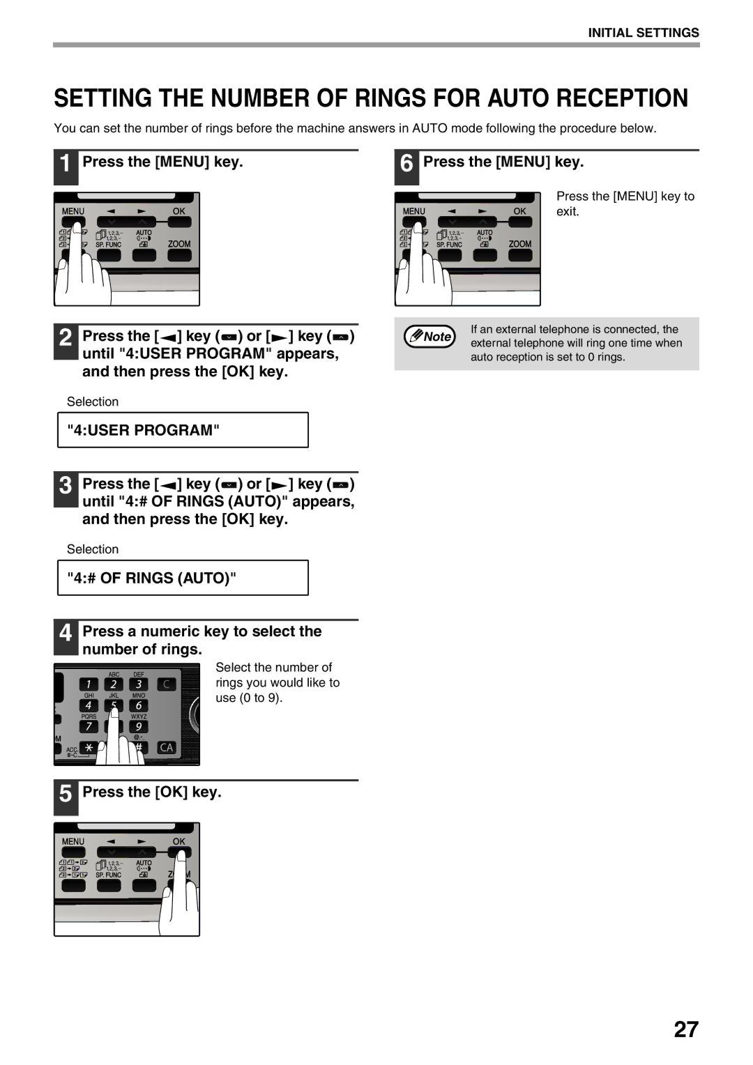 Sharp MX-FX12 manual # of Rings Auto, Press a numeric key to select the number of rings 