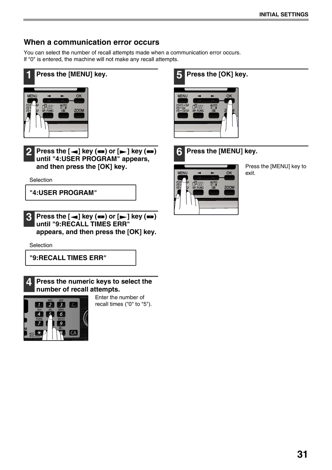 Sharp MX-FX12 manual When a communication error occurs, 9RECALL Times ERR 