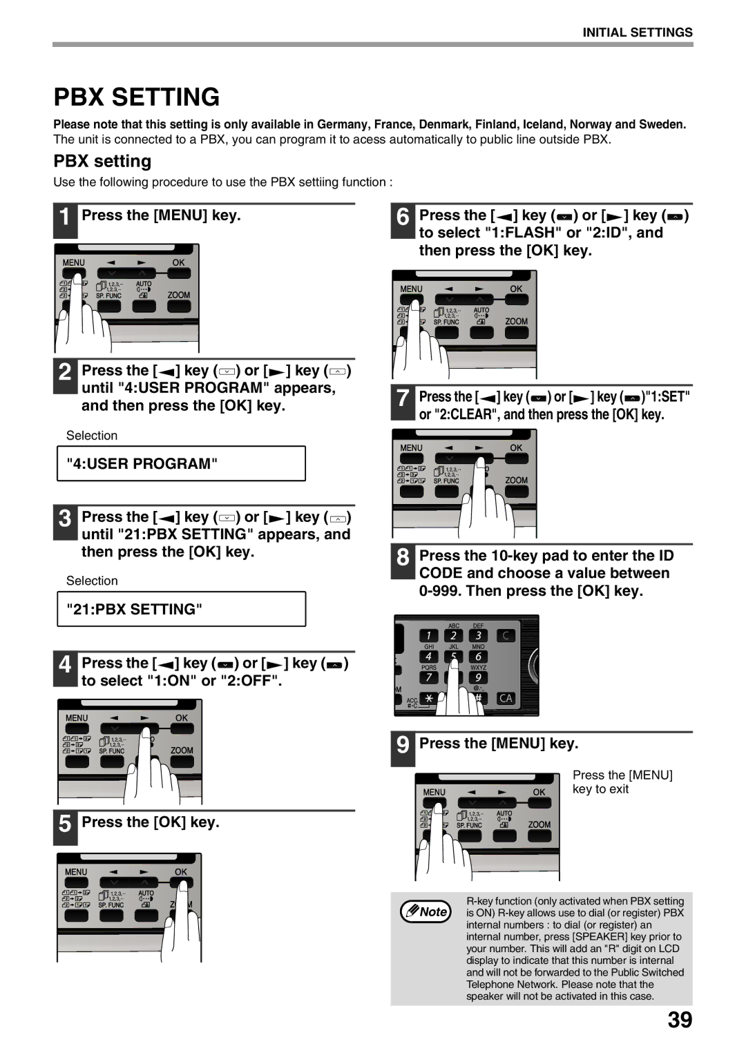 Sharp MX-FX12 manual PBX setting, 21PBX Setting, Press the key or key to select 1ON or 2OFF Press the OK key 