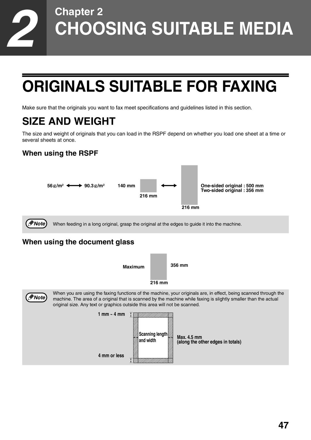 Sharp MX-FX12 manual Originals Suitable for Faxing, Size and Weight, When using the Rspf, When using the document glass 