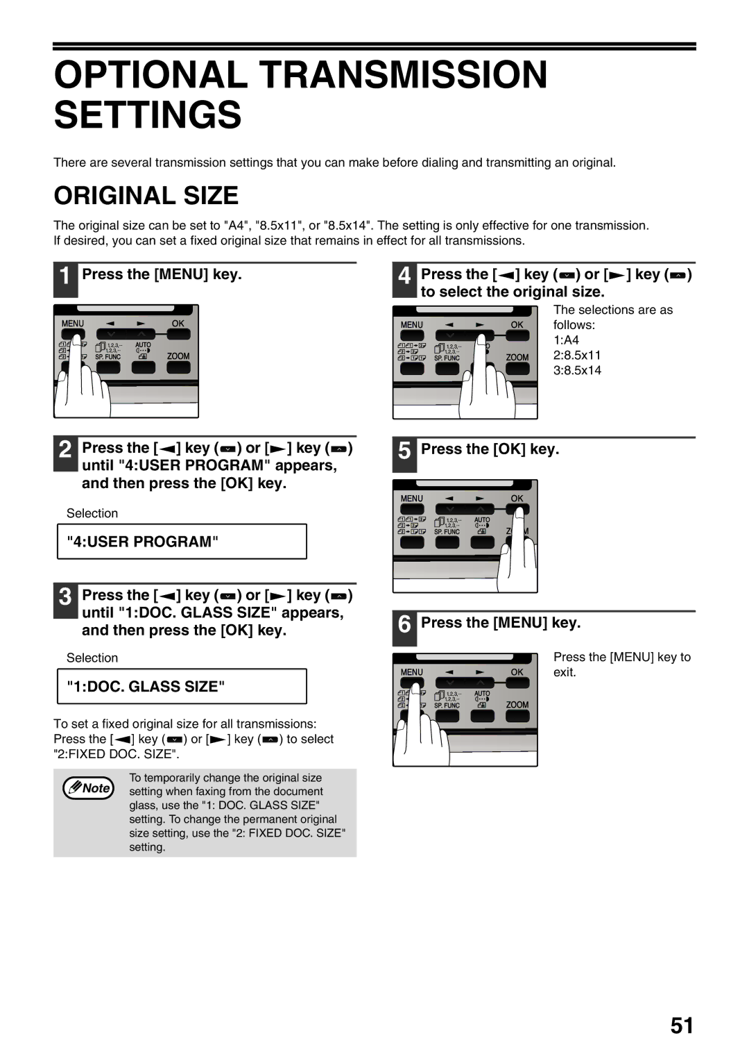 Sharp MX-FX12 manual Optional Transmission Settings, Original Size, 1DOC. Glass Size 