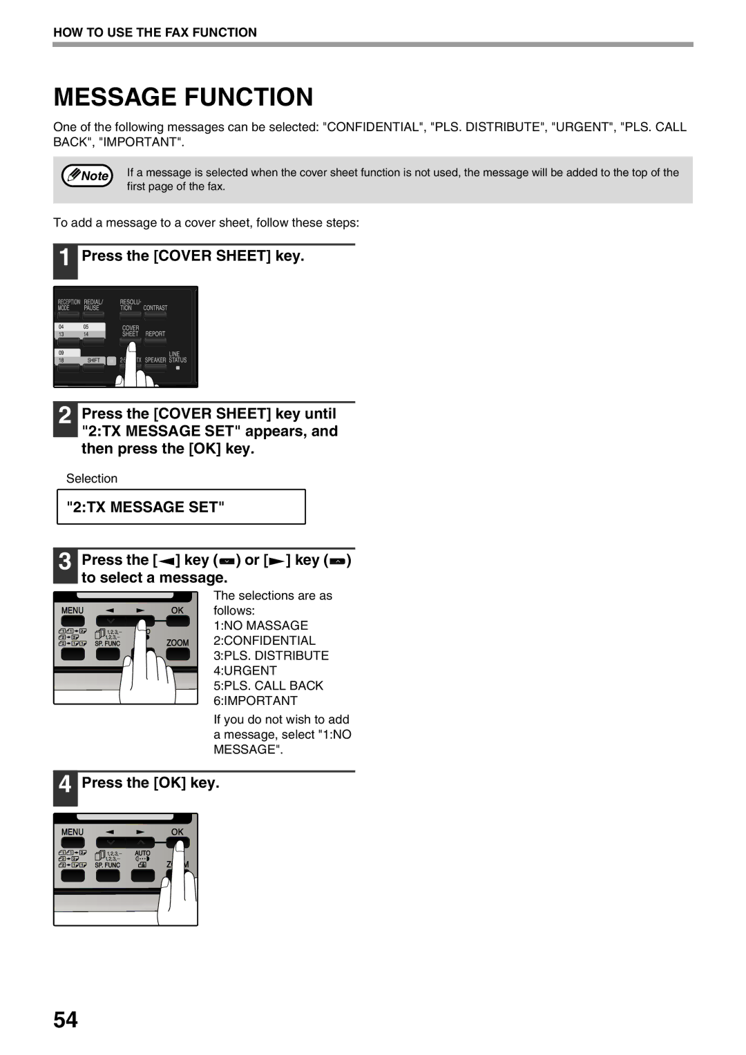 Sharp MX-FX12 manual Message Function, 2TX Message SET, Press the key or key to select a message 