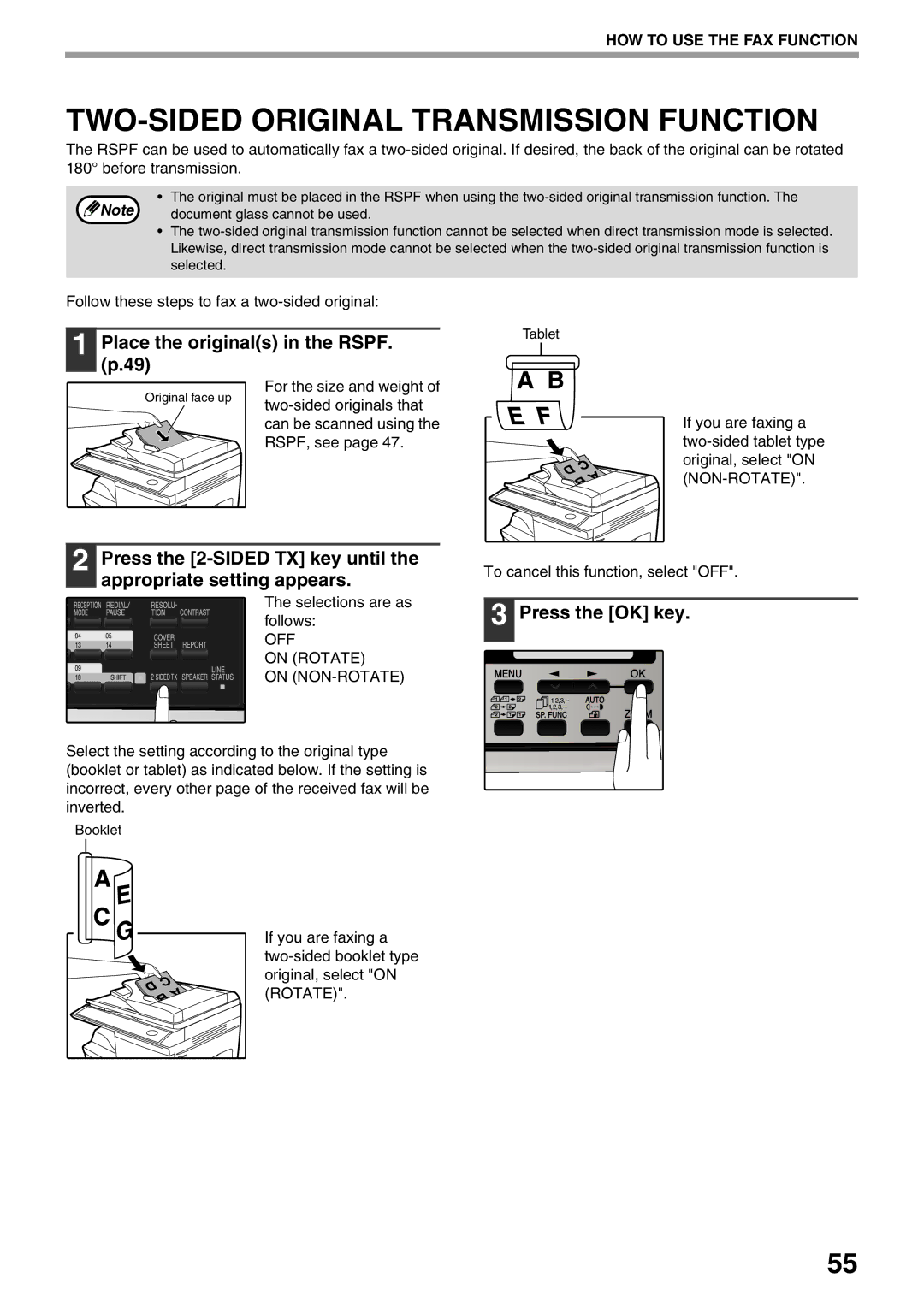 Sharp MX-FX12 manual TWO-SIDED Original Transmission Function, Place the originals in the Rspf 