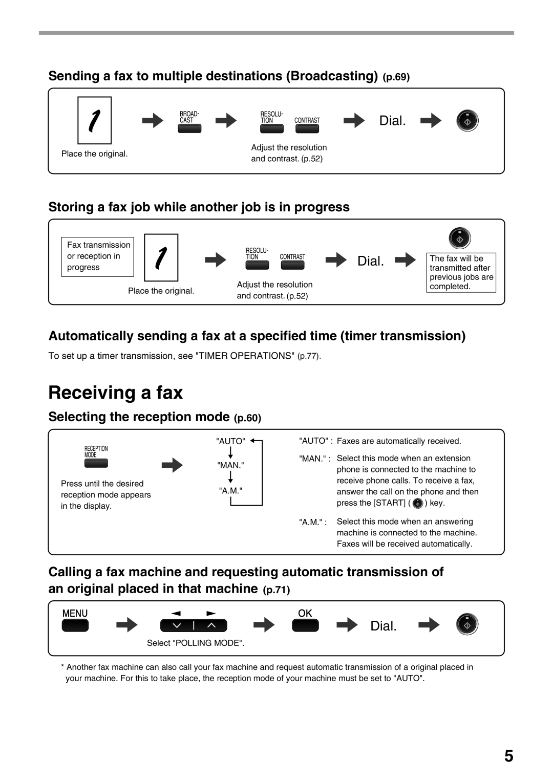 Sharp MX-FX12 Sending a fax to multiple destinations Broadcasting p.69, Storing a fax job while another job is in progress 