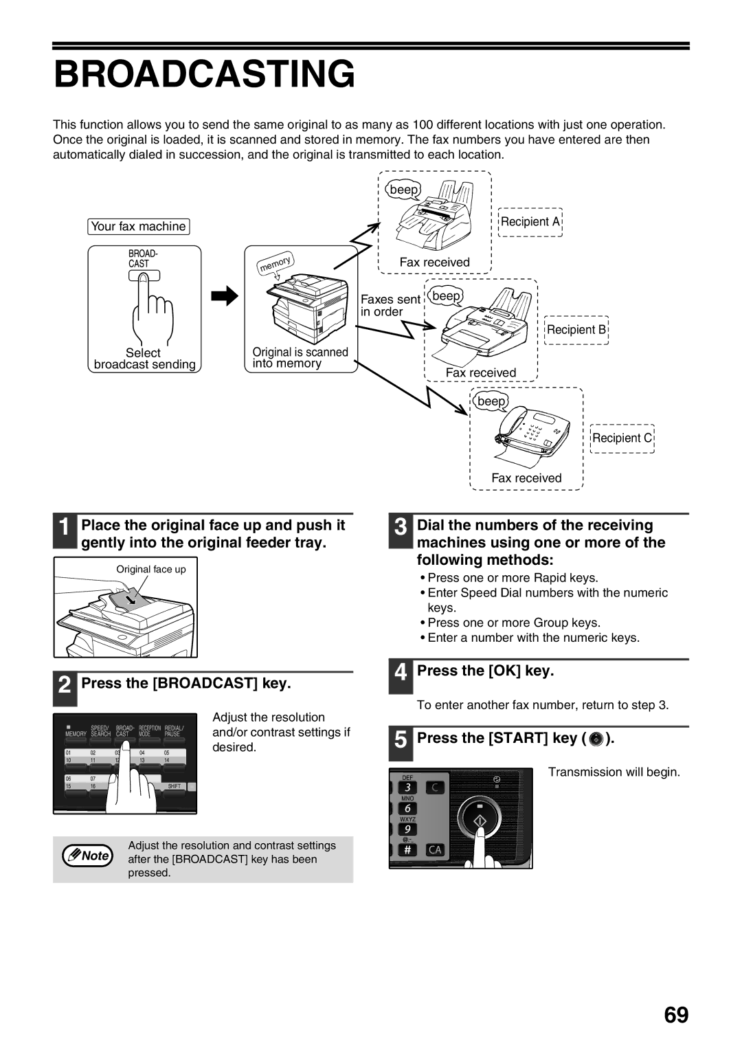 Sharp MX-FX12 manual Broadcasting, Press the Broadcast key 