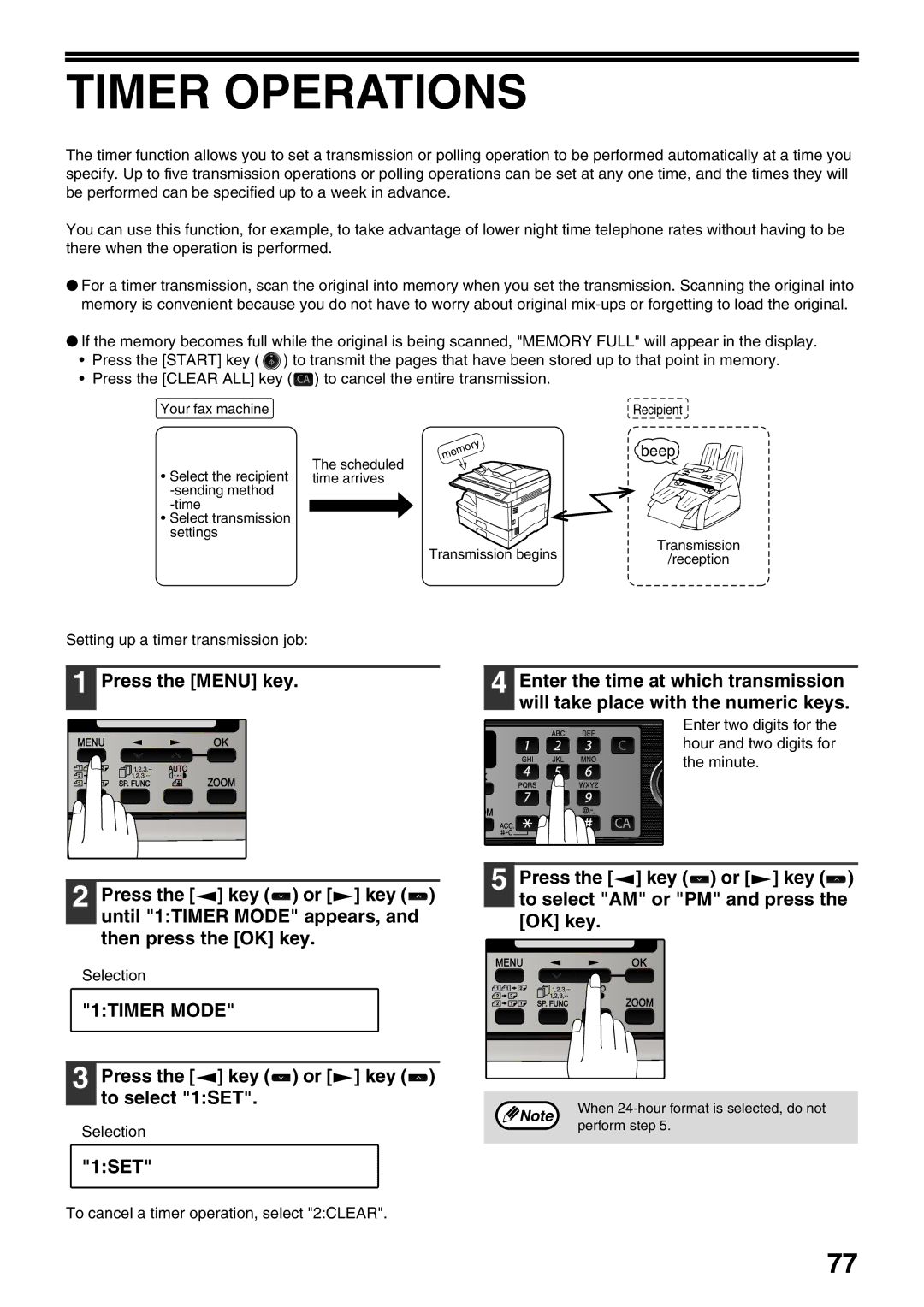 Sharp MX-FX12 manual Timer Operations, 1TIMER Mode, Press the key or key to select 1SET 