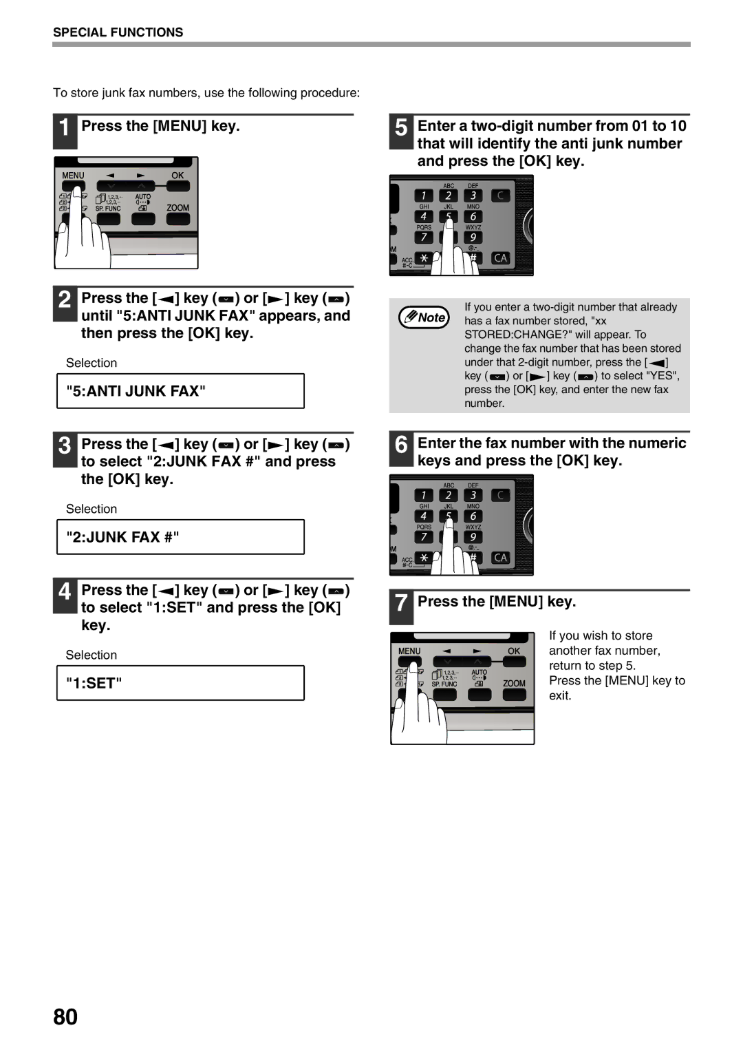 Sharp MX-FX12 manual 2JUNK FAX #, 1SET Press the Menu key 