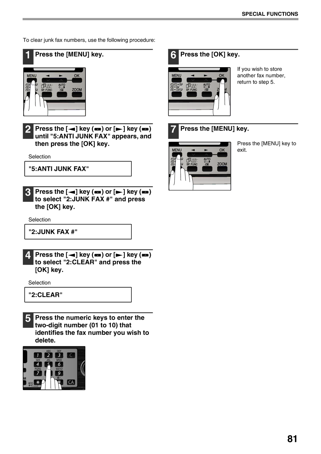 Sharp MX-FX12 manual To clear junk fax numbers, use the following procedure 