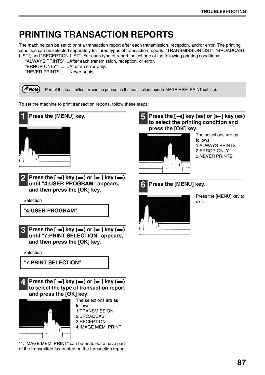 Sharp MX-FX12 manual Printing Transaction Reports, 7PRINT Selection 