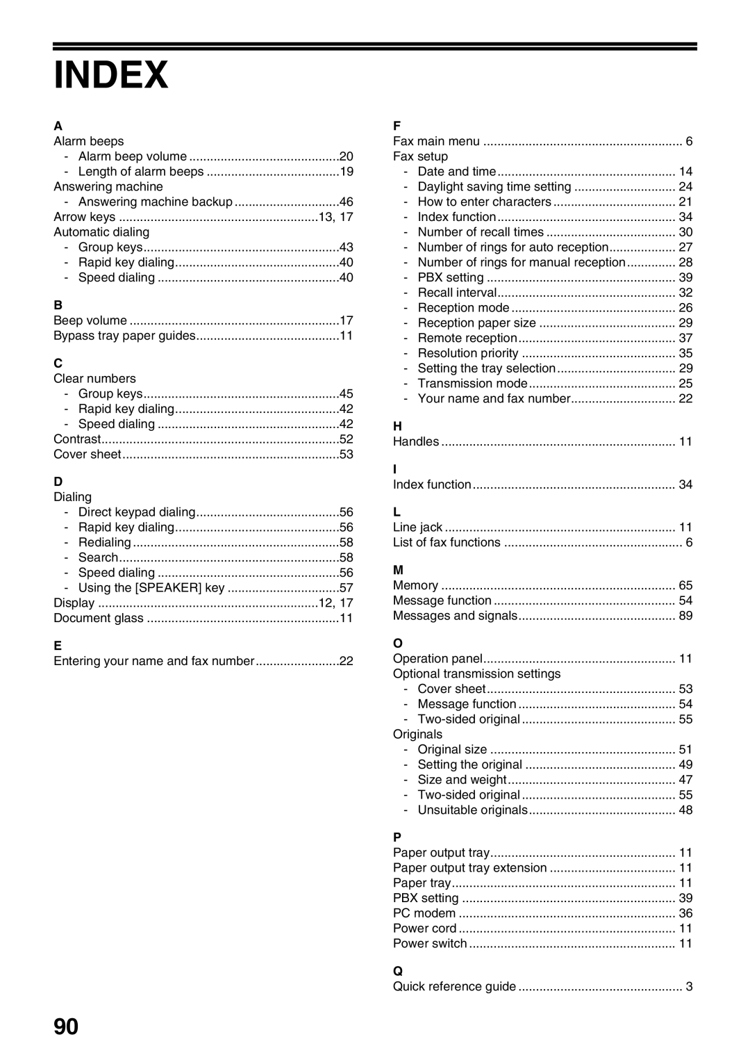 Sharp MX-FX12 manual Index, Dialing 