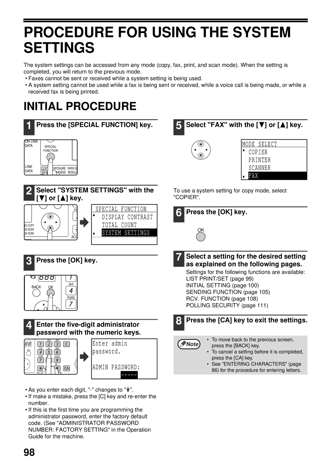 Sharp MX-FX13 Procedure for Using the System Settings, Initial Procedure, Count, Mode Select Copier Printer Scanner, Fax 