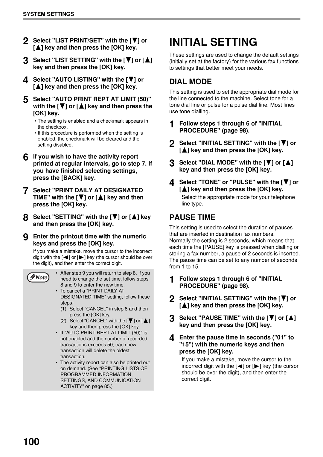 Sharp MX-FX13 appendix Initial Setting, 100, Dial Mode, Pause Time 