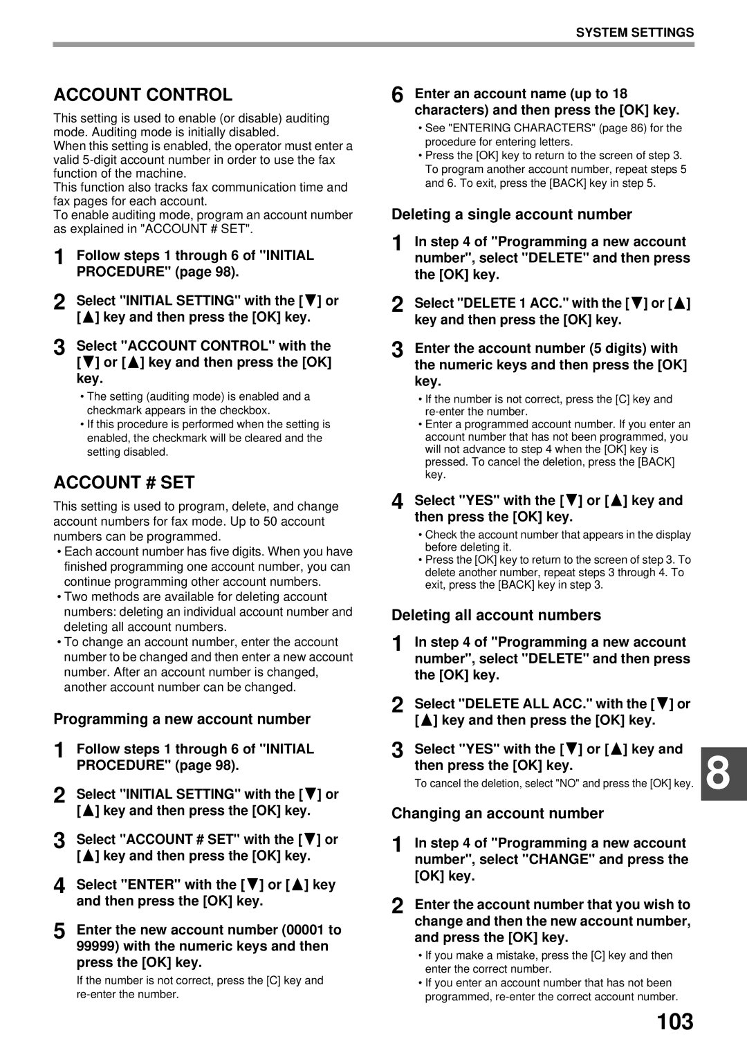 Sharp MX-FX13 appendix 103, Account Control, Account # SET 