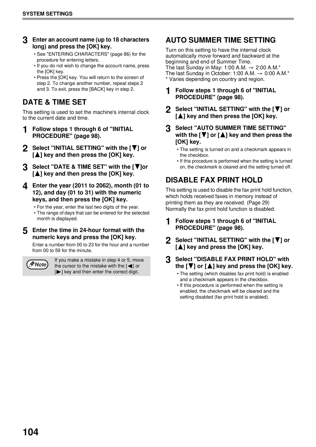 Sharp MX-FX13 appendix 104, Date & Time SET, Auto Summer Time Setting, Disable FAX Print Hold 