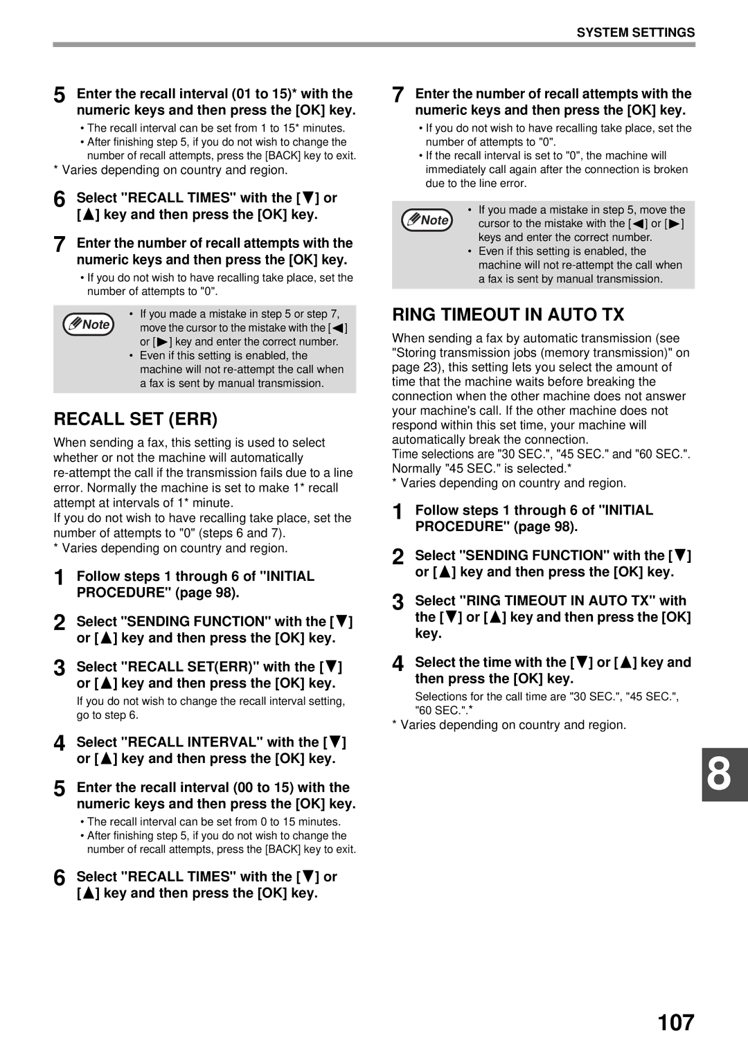 Sharp MX-FX13 appendix 107, Recall SET ERR, Ring Timeout in Auto TX 