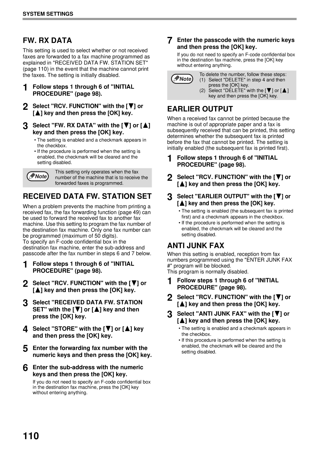 Sharp MX-FX13 appendix 110, FW. RX Data, Received Data FW. Station SET, Earlier Output, Anti Junk FAX 