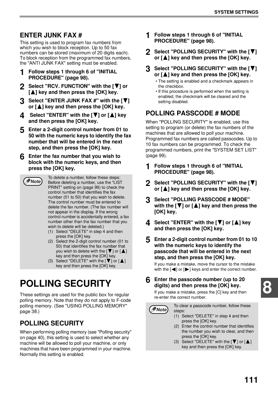 Sharp MX-FX13 appendix Polling Security, 111, Enter Junk FAX #, Polling Passcode # Mode 