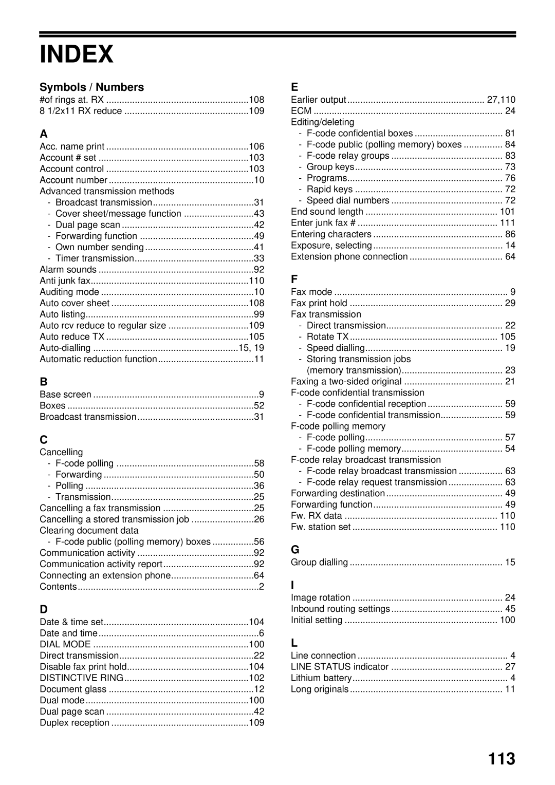 Sharp MX-FX13 appendix Index, 113, Symbols / Numbers 