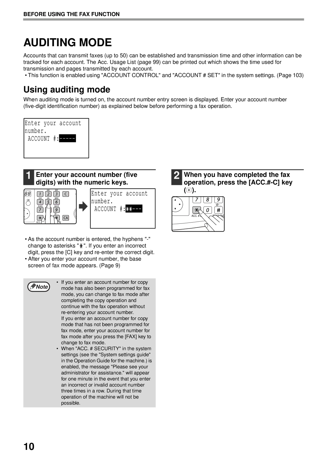 Sharp MX-FX13 appendix Auditing Mode, Using auditing mode, Enter your account number five digits with the numeric keys 