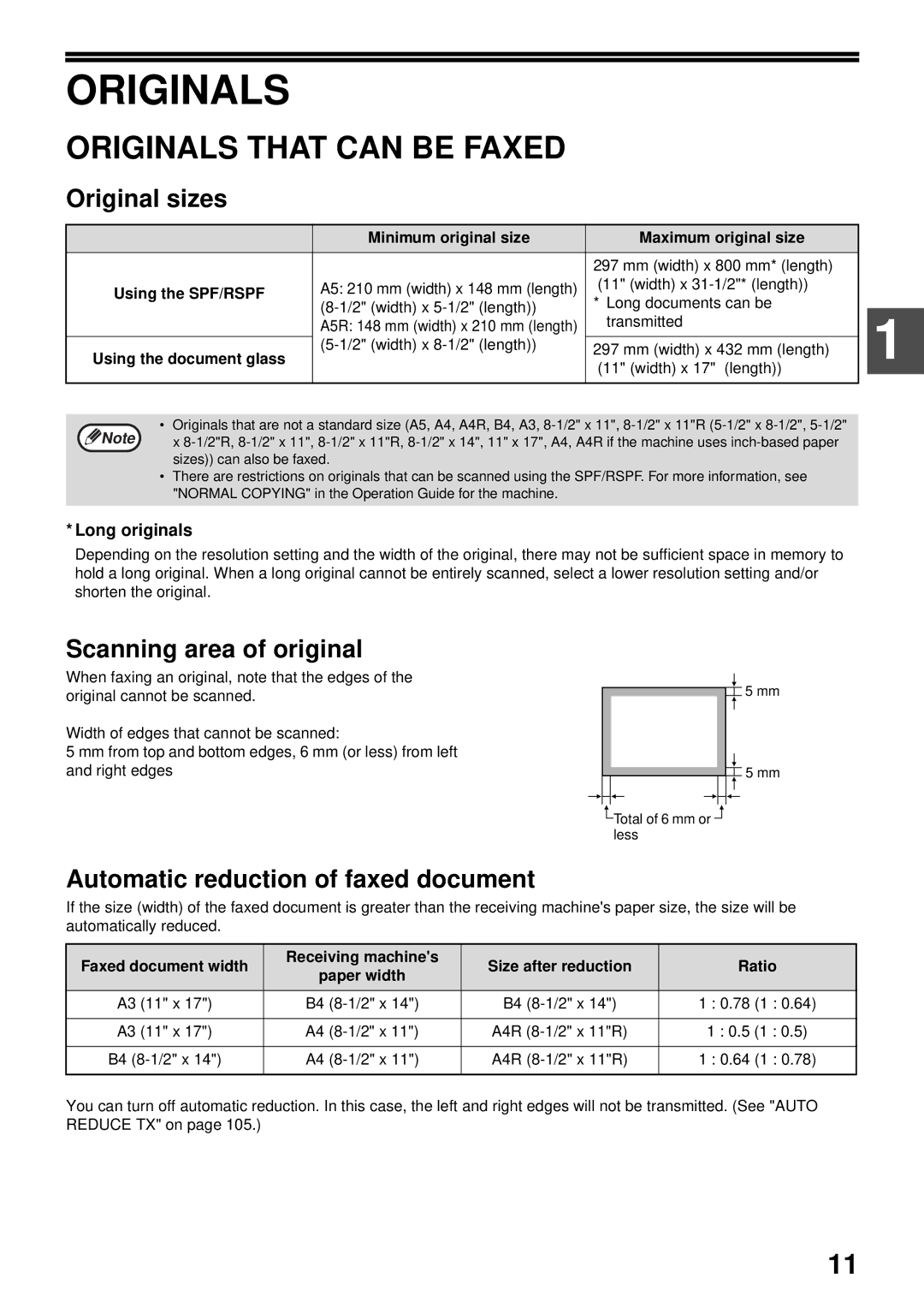 Sharp MX-FX13 appendix Originals That can be Faxed, Original sizes, Scanning area of original 