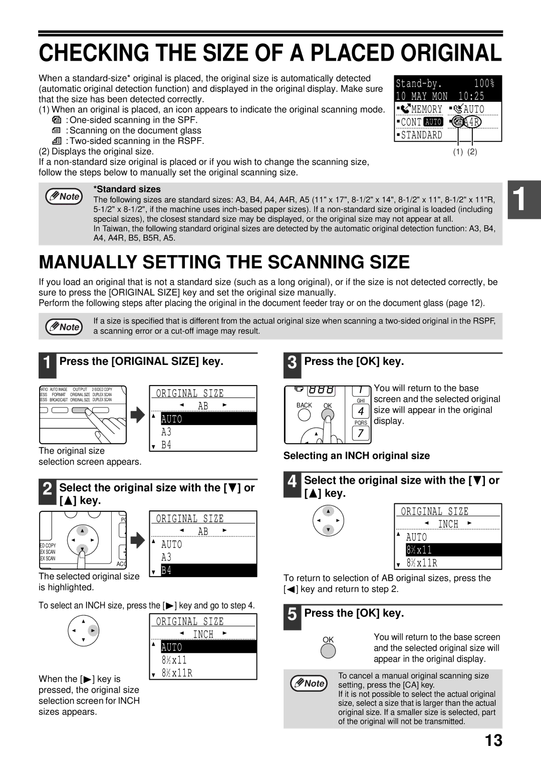 Sharp MX-FX13 appendix Manually Setting the Scanning Size, Memory Auto, A4R, Original Size Inch 