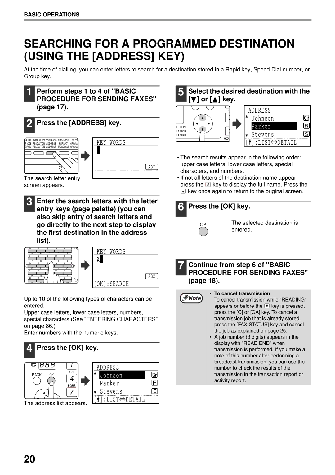 Sharp MX-FX13 appendix KEY Words, Address, Oksearch, Select the desired destination with the or key 