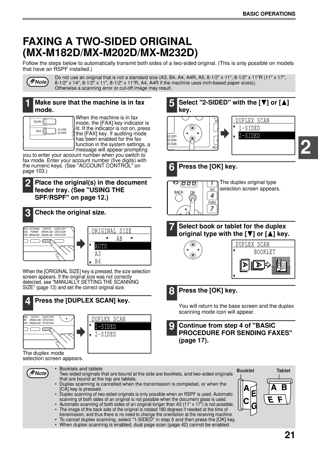 Sharp MX-FX13 appendix Faxing a TWO-SIDED Original MX-M182D/MX-M202D/MX-M232D, Sided, Duplex Scan Booklet 