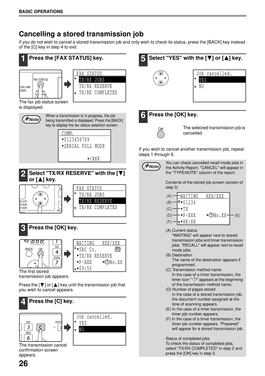 Sharp MX-FX13 appendix Cancelling a stored transmission job, Serial Poll Mode XXX, Jobs, Reserve, Waiting XXX/XXX 