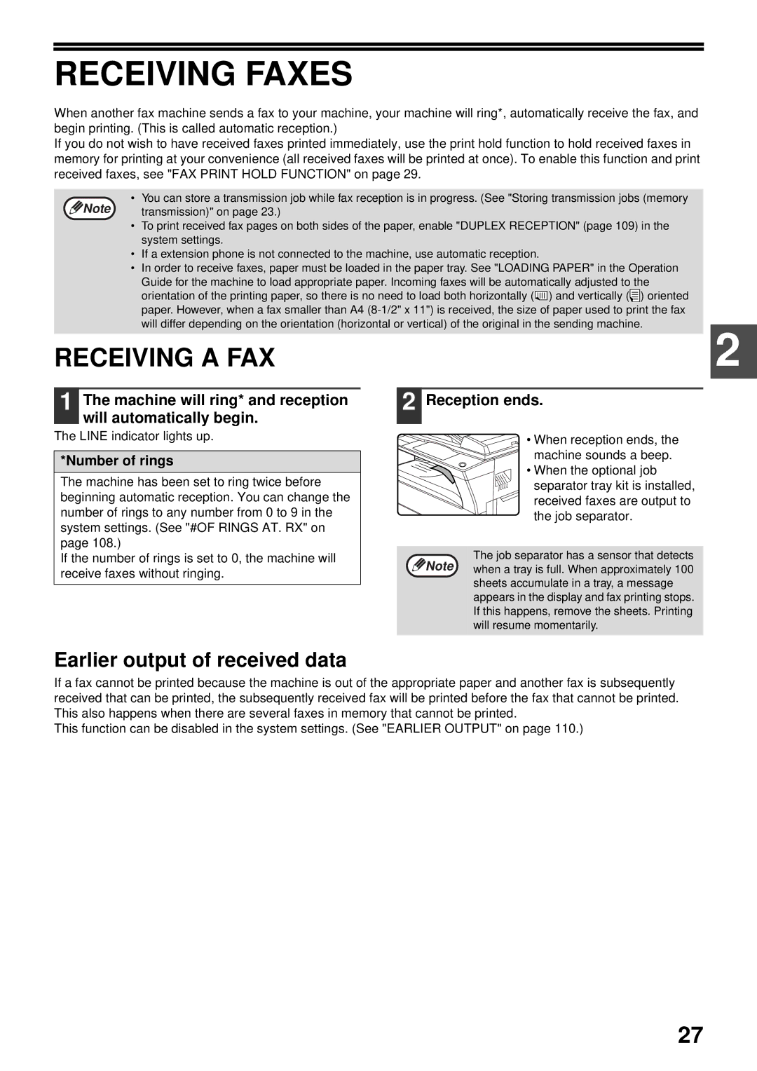 Sharp MX-FX13 Receiving Faxes, Receiving a FAX, Earlier output of received data, Number of rings, Line indicator lights up 