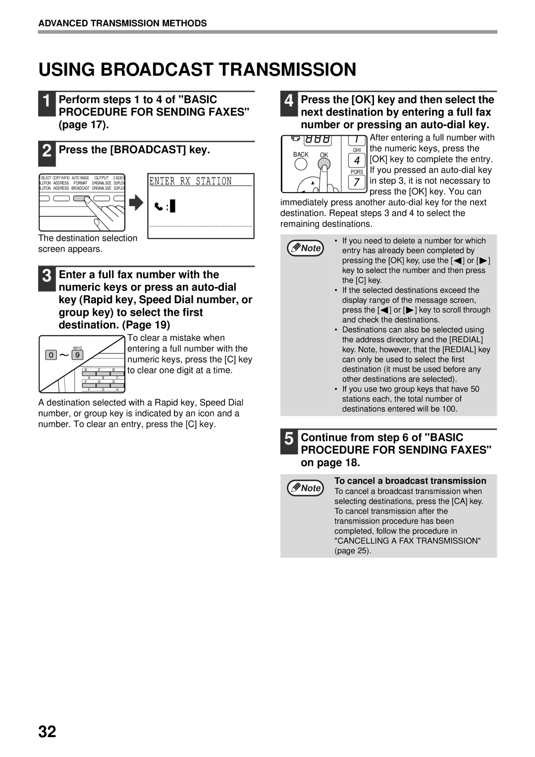 Sharp MX-FX13 Using Broadcast Transmission, Enter RX Station, Continue from of Basic Procedure for Sending Faxes on 