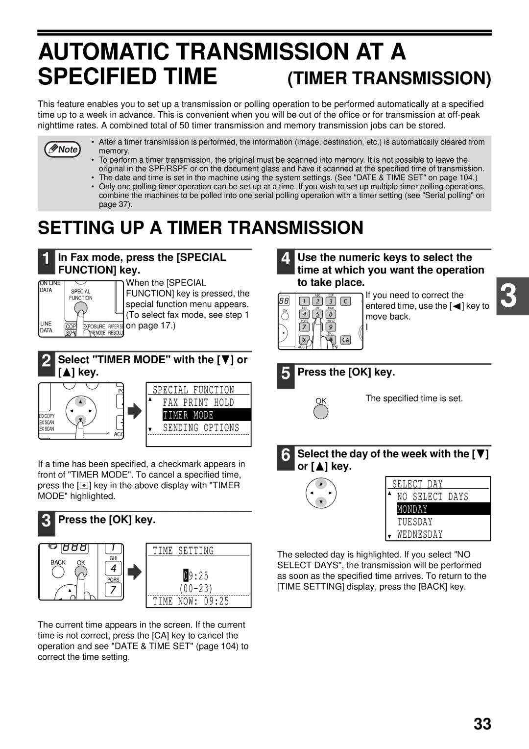 Sharp MX-FX13 appendix Automatic Transmission AT a Specified Time, Setting UP a Timer Transmission, Timer Mode, Monday 