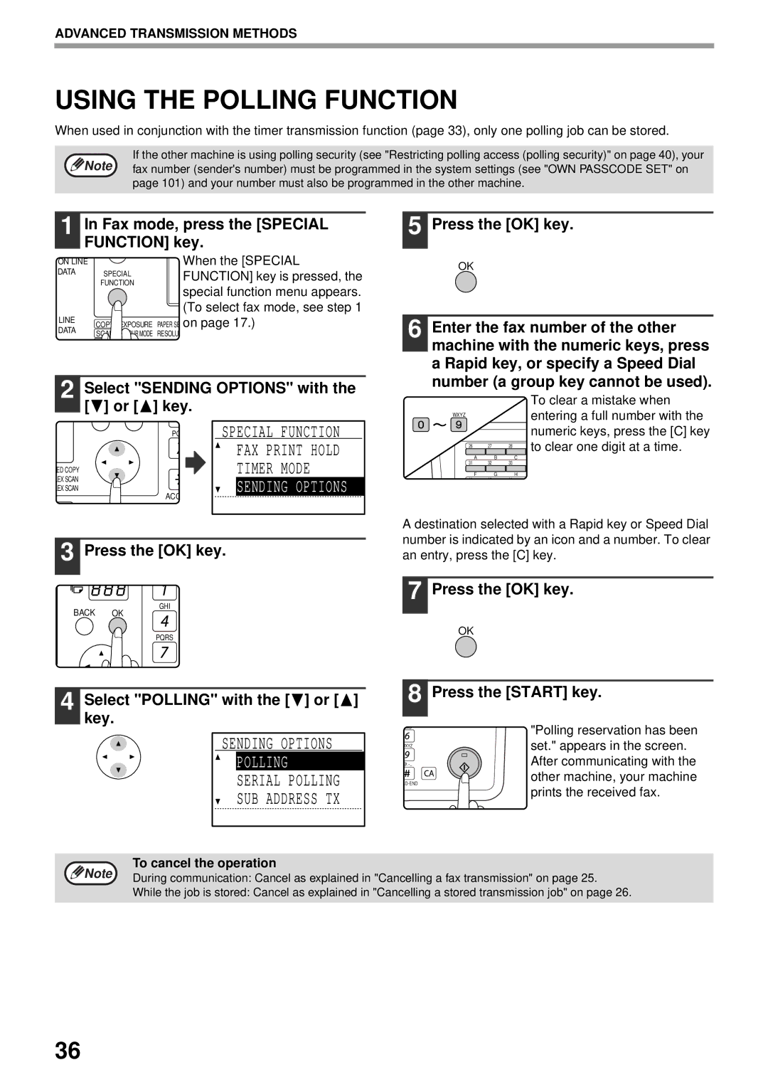 Sharp MX-FX13 Using the Polling Function, Select Sending Options with the or key, Press the OK key Press the Start key 