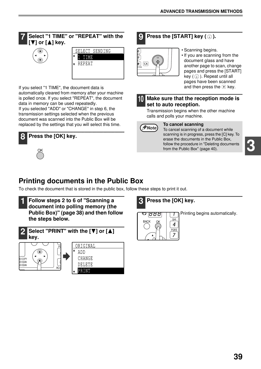 Sharp MX-FX13 appendix Printing documents in the Public Box, Select Sending, Add, Select 1 Time or Repeat with the or key 