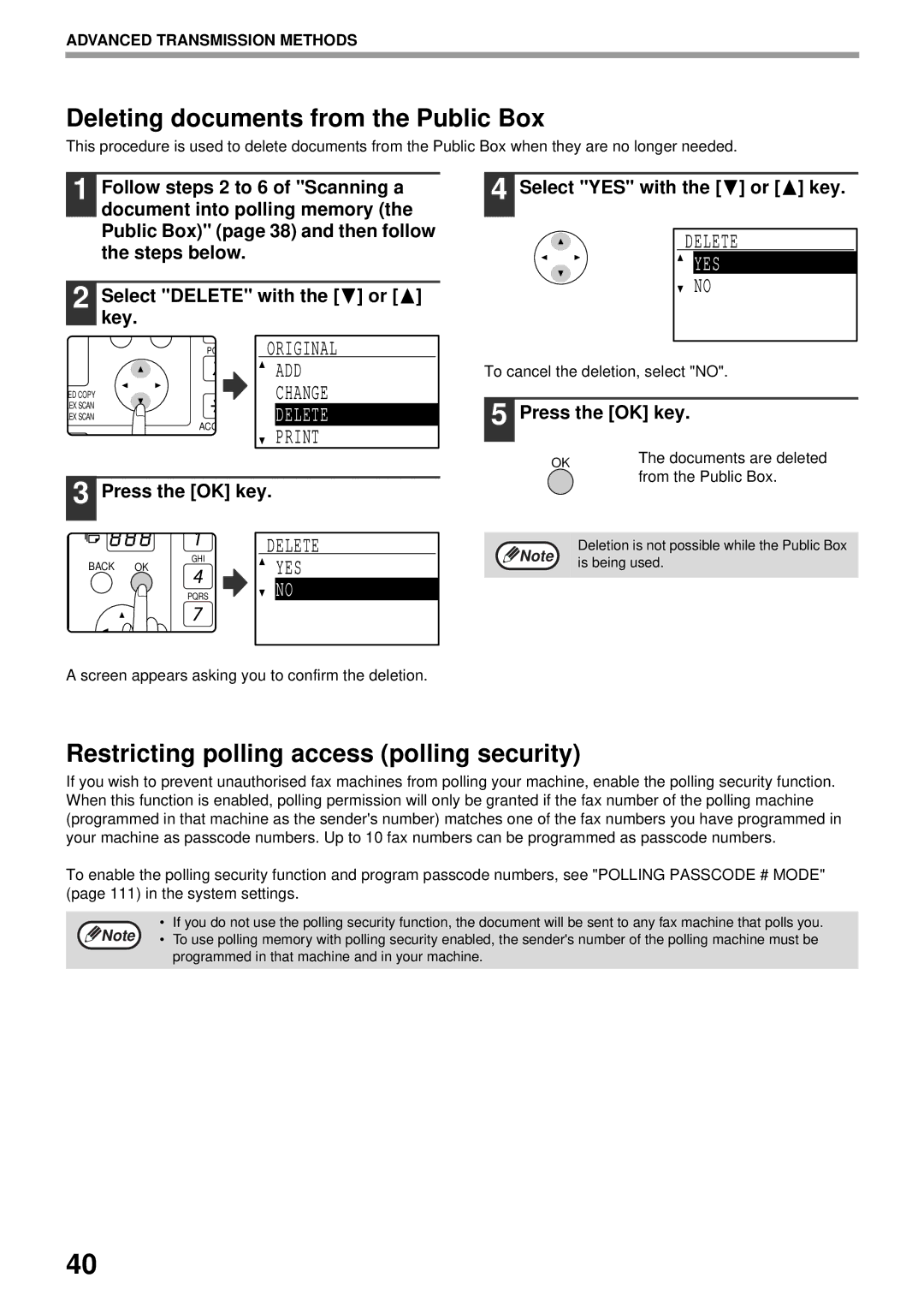 Sharp MX-FX13 appendix Deleting documents from the Public Box, Restricting polling access polling security, Yes 