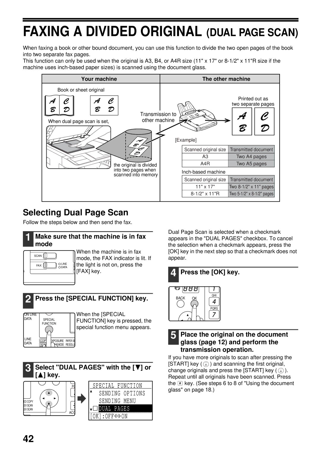 Sharp MX-FX13 appendix Selecting Dual Page Scan, Menu, Select Dual Pages with the or key 