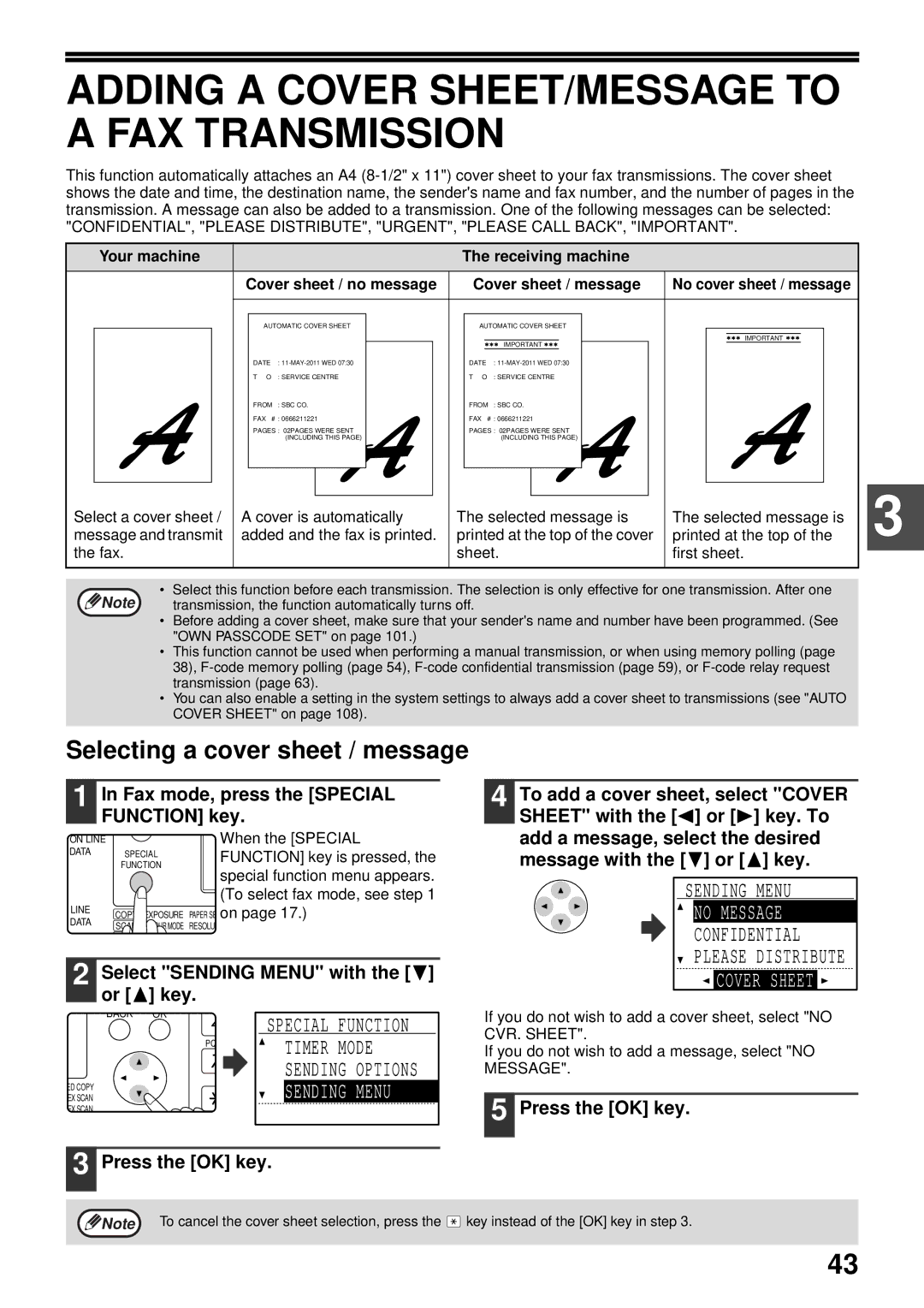 Sharp MX-FX13 Adding a Cover SHEET/MESSAGE to a FAX Transmission, Selecting a cover sheet / message, Menu, No Message 