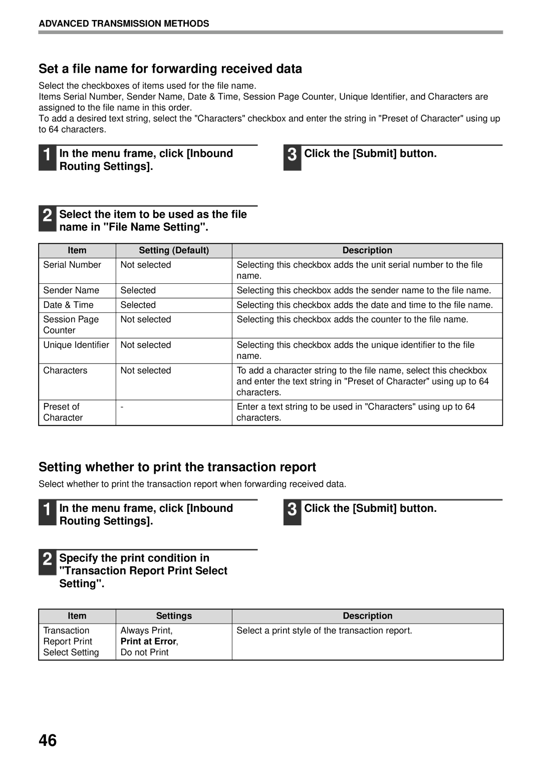 Sharp MX-FX13 appendix Setting Default Description, Print at Error, Select Setting Do not Print 