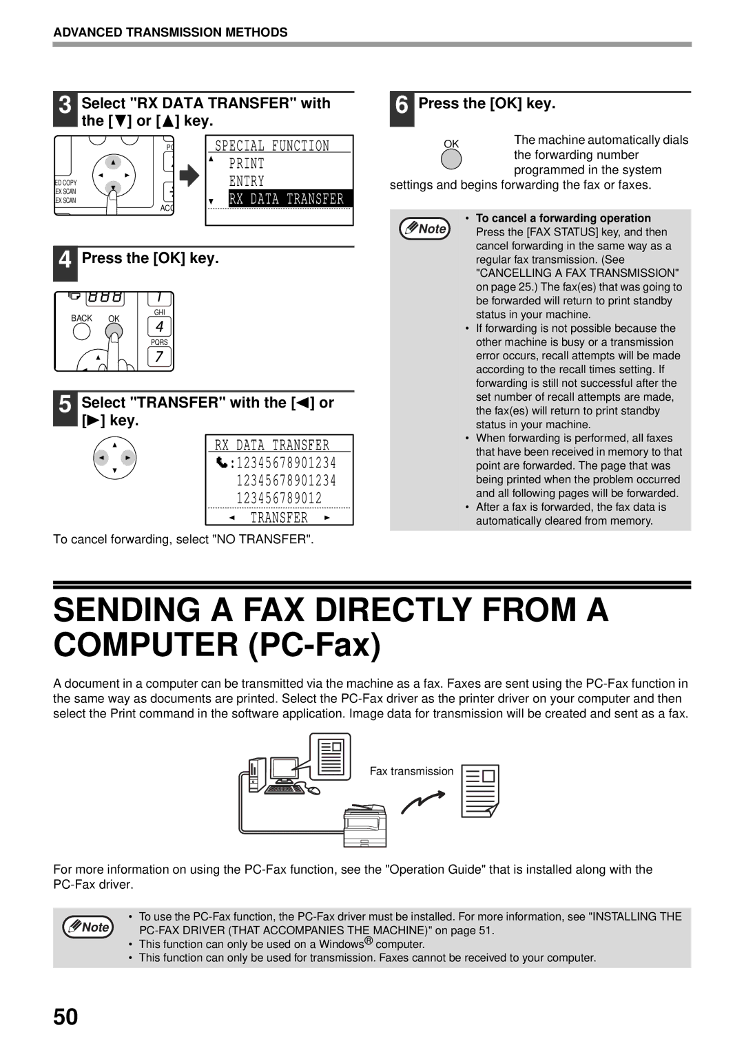 Sharp MX-FX13 appendix Select RX Data Transfer with the or key, Select Transfer with the or key 