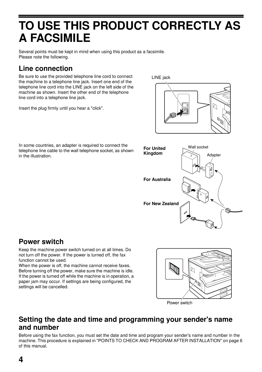 Sharp MX-FX13 appendix To USE this Product Correctly AS a Facsimile, Line connection, Power switch 