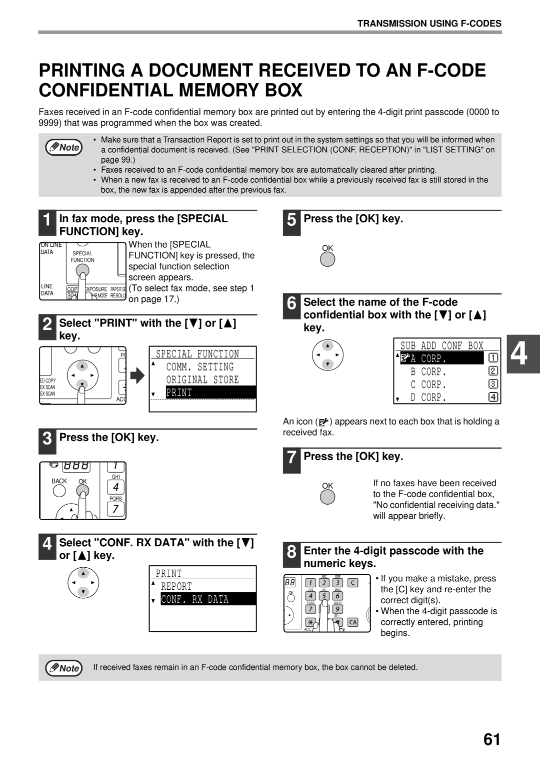 Sharp MX-FX13 appendix Print Report, CONF. RX Data, Box, Corp 