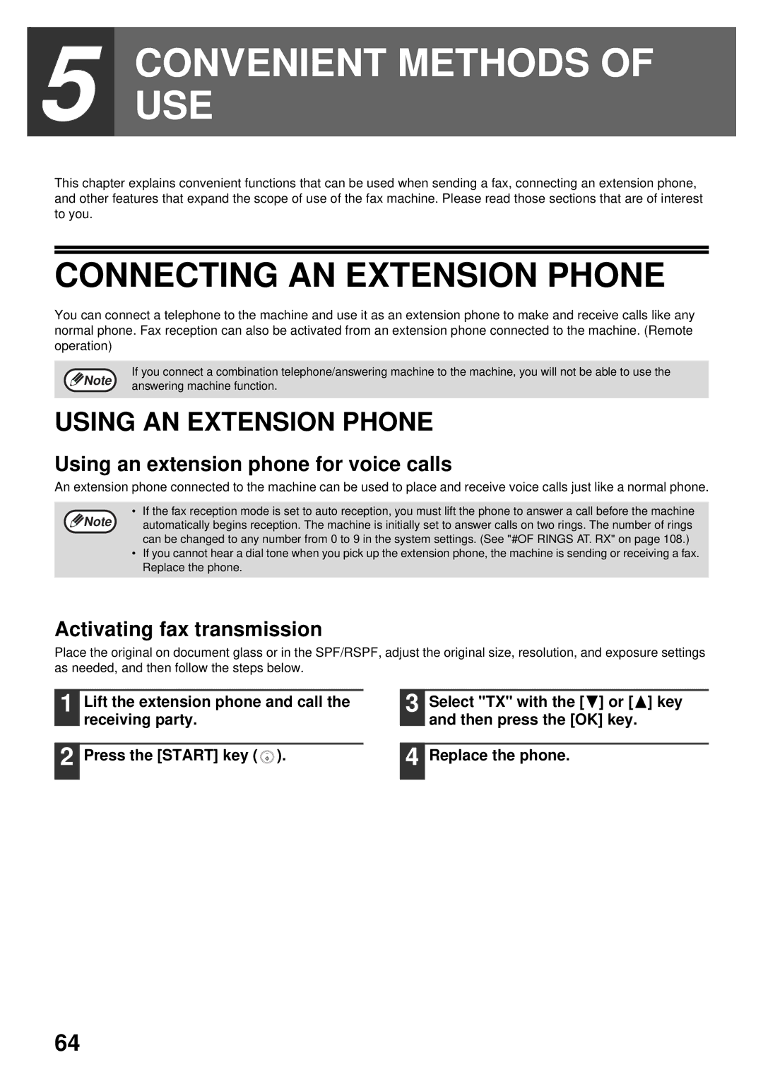 Sharp MX-FX13 appendix Using AN Extension Phone, Using an extension phone for voice calls, Activating fax transmission 